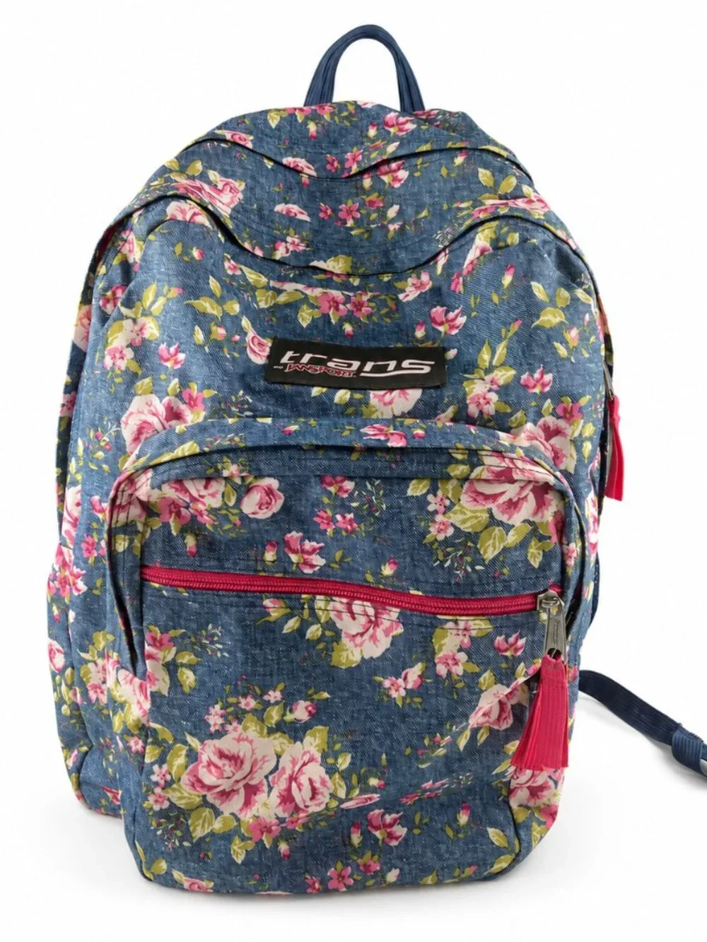 JanSport Floral Denim Backpack Cottagecore Blue Pink Roses School Laptop Bag Y2K